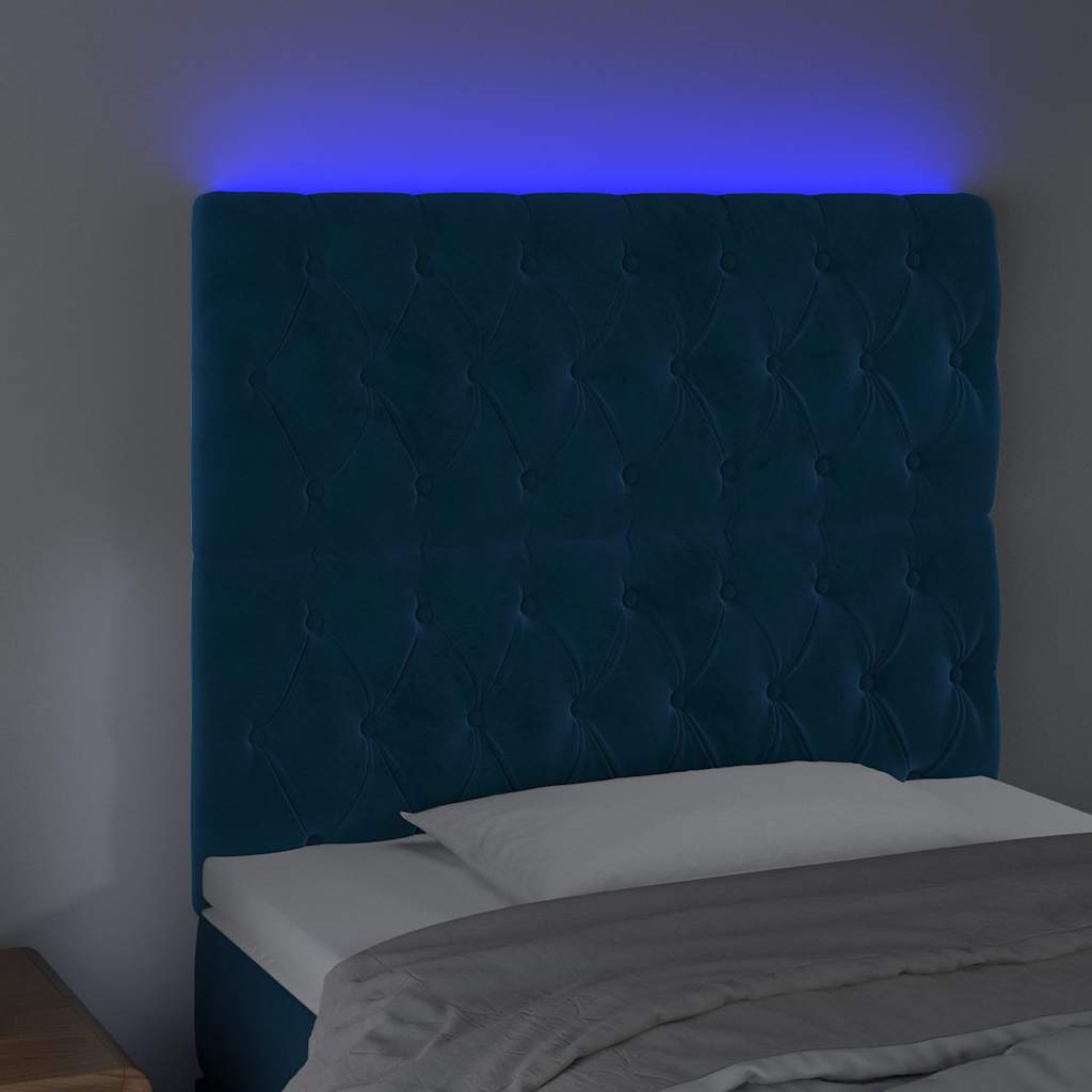sengegavl med LED-lys 100x7x118/128 cm fløjl mørkeblå