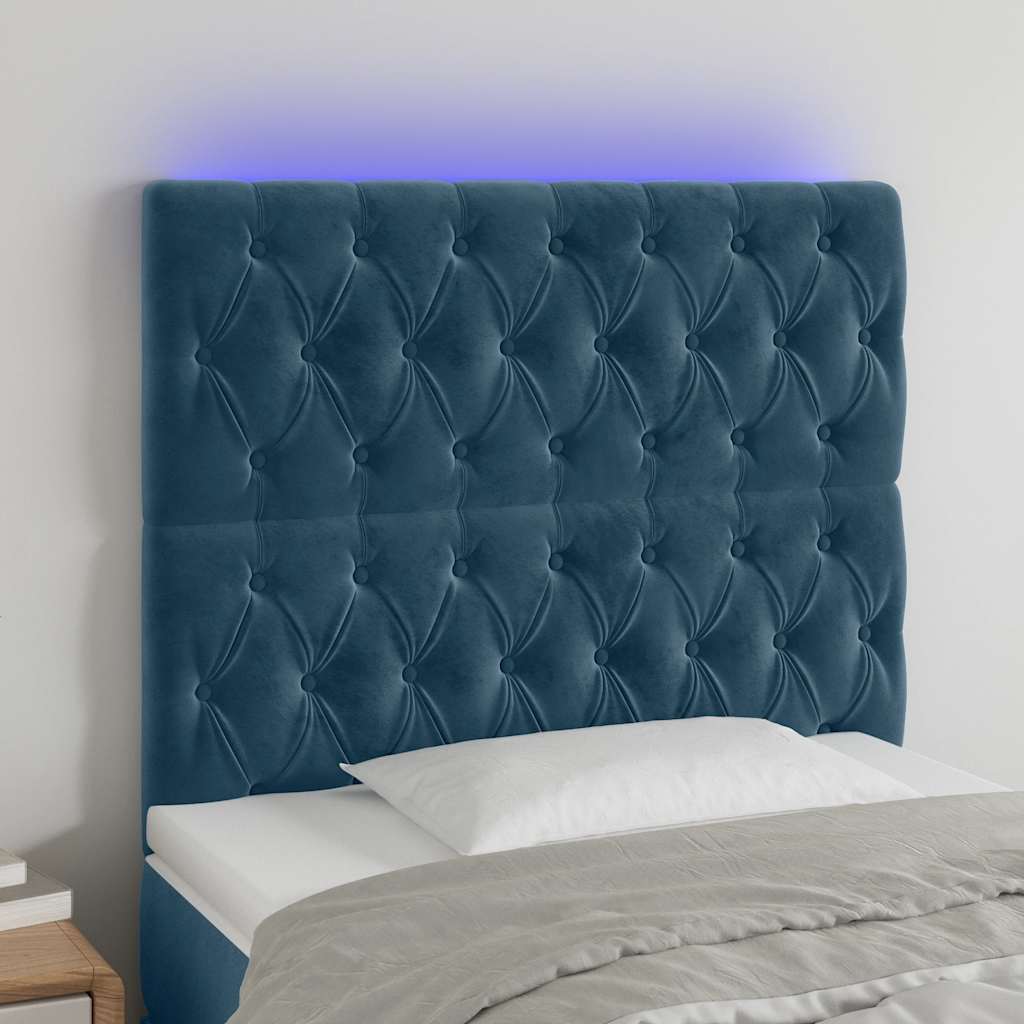 sengegavl med LED-lys 100x7x118/128 cm fløjl mørkeblå
