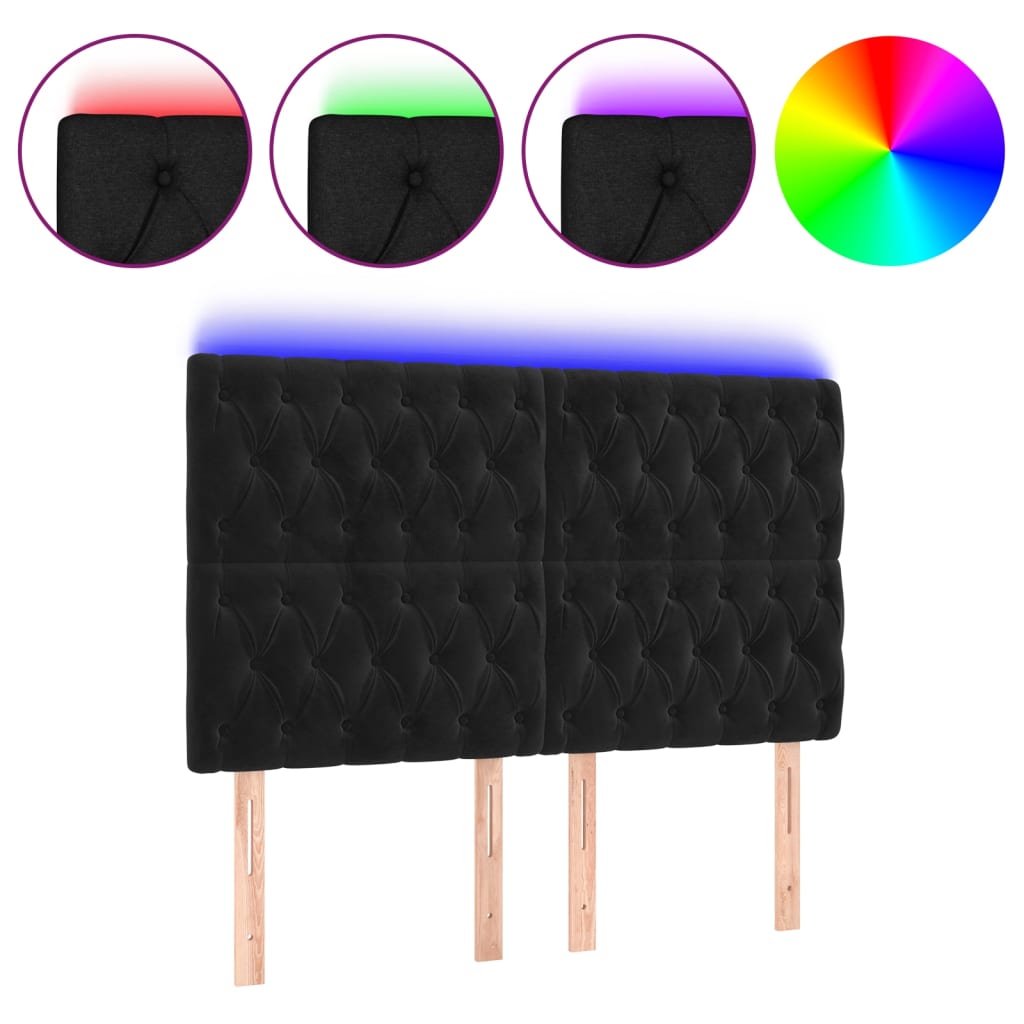 sengegavl med LED-lys 144x7x118/128 cm fløjl sort