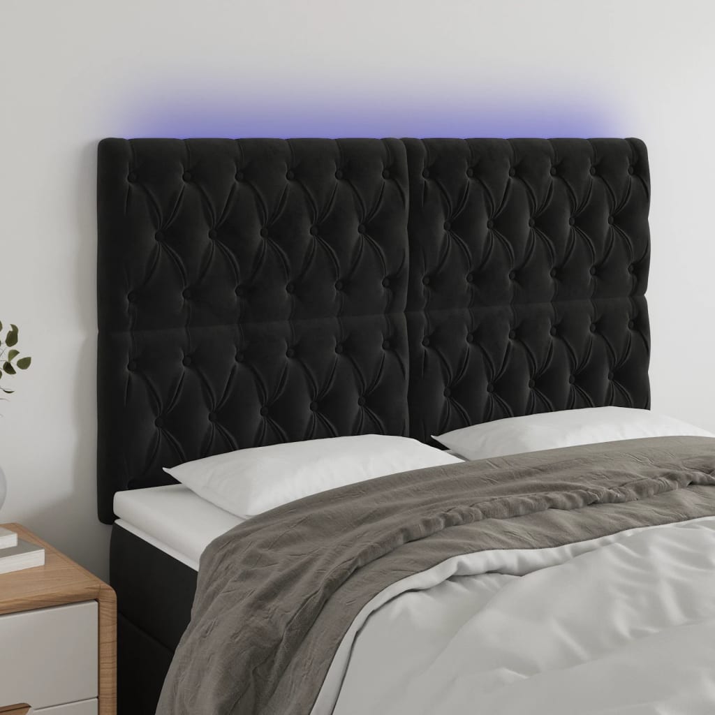 sengegavl med LED-lys 144x7x118/128 cm fløjl sort
