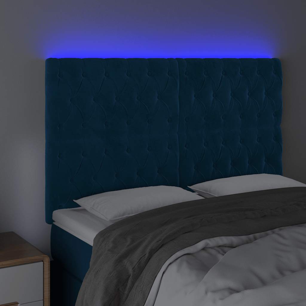 sengegavl med LED-lys 144x7x118/128 cm fløjl mørkeblå