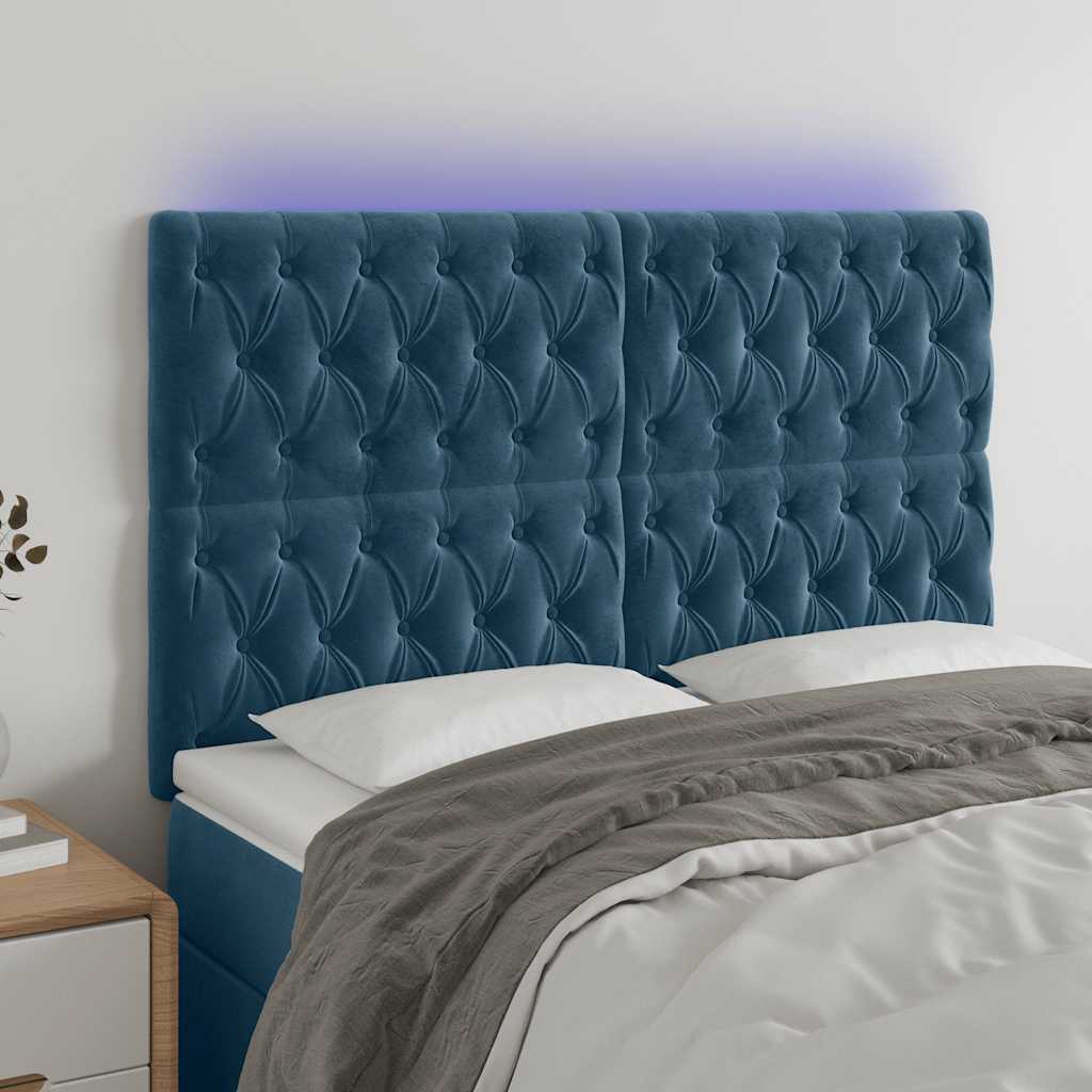 sengegavl med LED-lys 144x7x118/128 cm fløjl mørkeblå