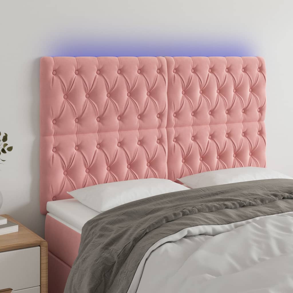 sengegavl med LED-lys 144x7x118/128 cm fløjl lyserød
