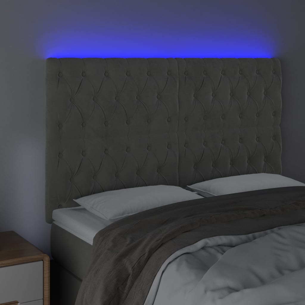 sengegavl med LED-lys 160x7x118/128 cm fløjl lysegrå