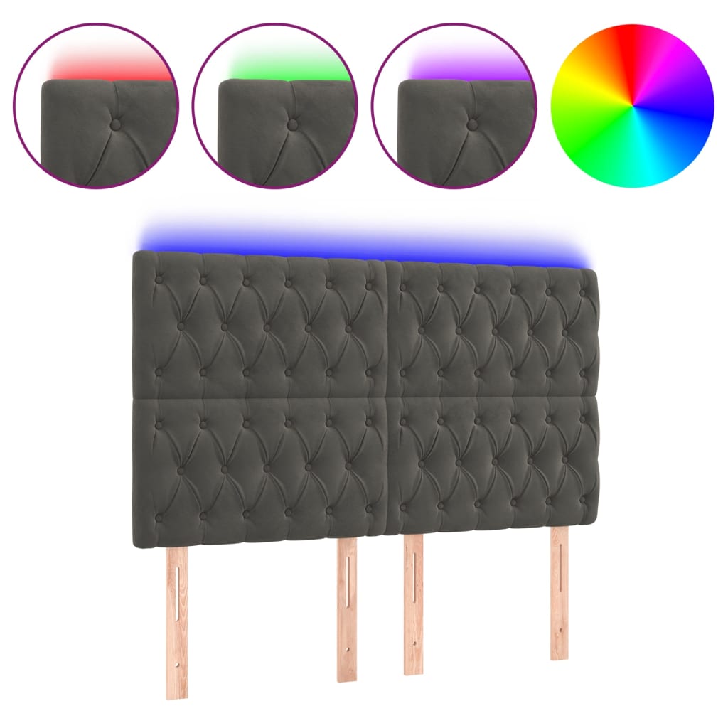 sengegavl med LED-lys 160x7x118/128 cm fløjl mørkegrå