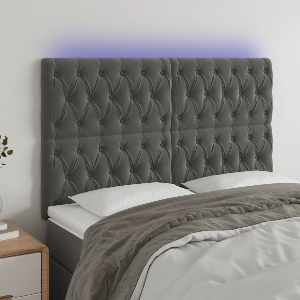 sengegavl med LED-lys 160x7x118/128 cm fløjl mørkegrå