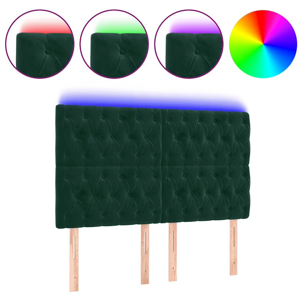sengegavl med LED-lys 160x7x118/128 cm fløjl mørkegrøn