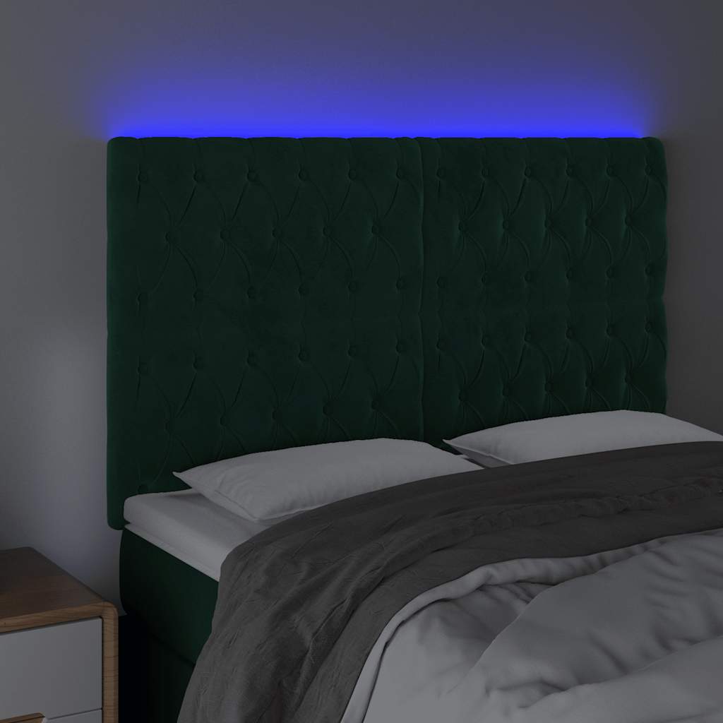 sengegavl med LED-lys 160x7x118/128 cm fløjl mørkegrøn