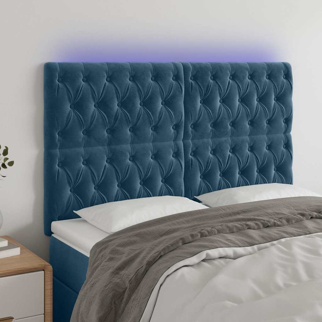 sengegavl med LED-lys 160x7x118/128 cm fløjl mørkeblå