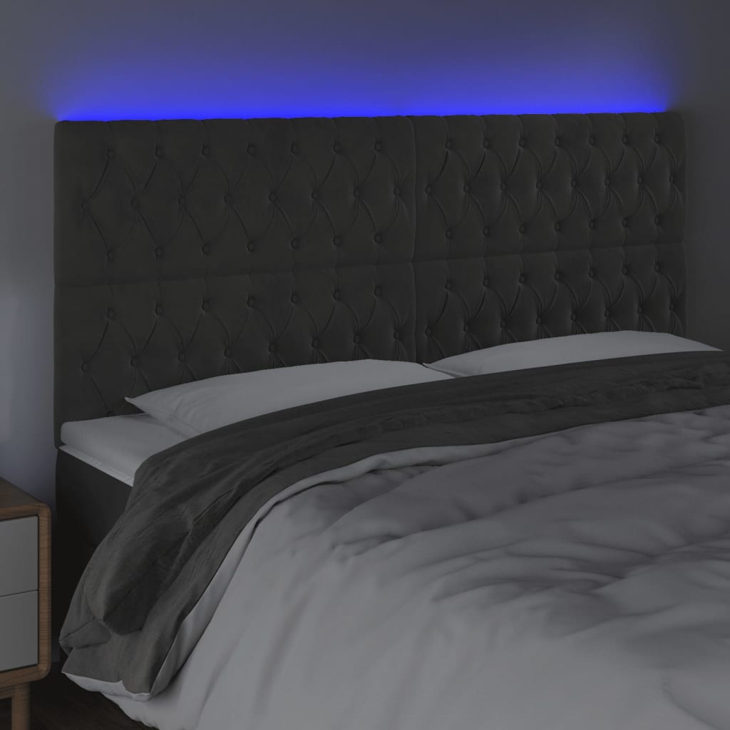 sengegavl med LED-lys 180x7x118/128 cm fløjl mørkegrå