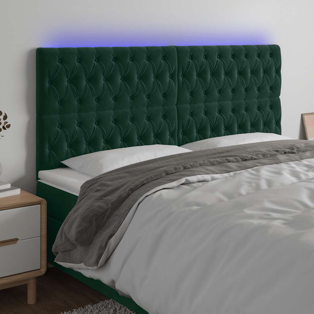 sengegavl med LED-lys 180x7x118/128 cm fløjl mørkegrøn
