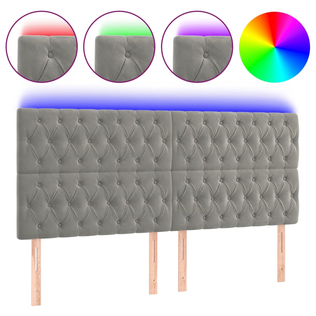 sengegavl med LED-lys 200x7x118/128 cm fløjl lysegrå