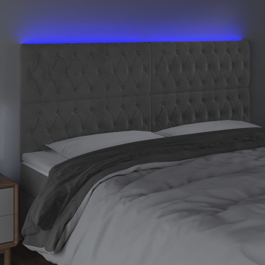 sengegavl med LED-lys 200x7x118/128 cm fløjl lysegrå