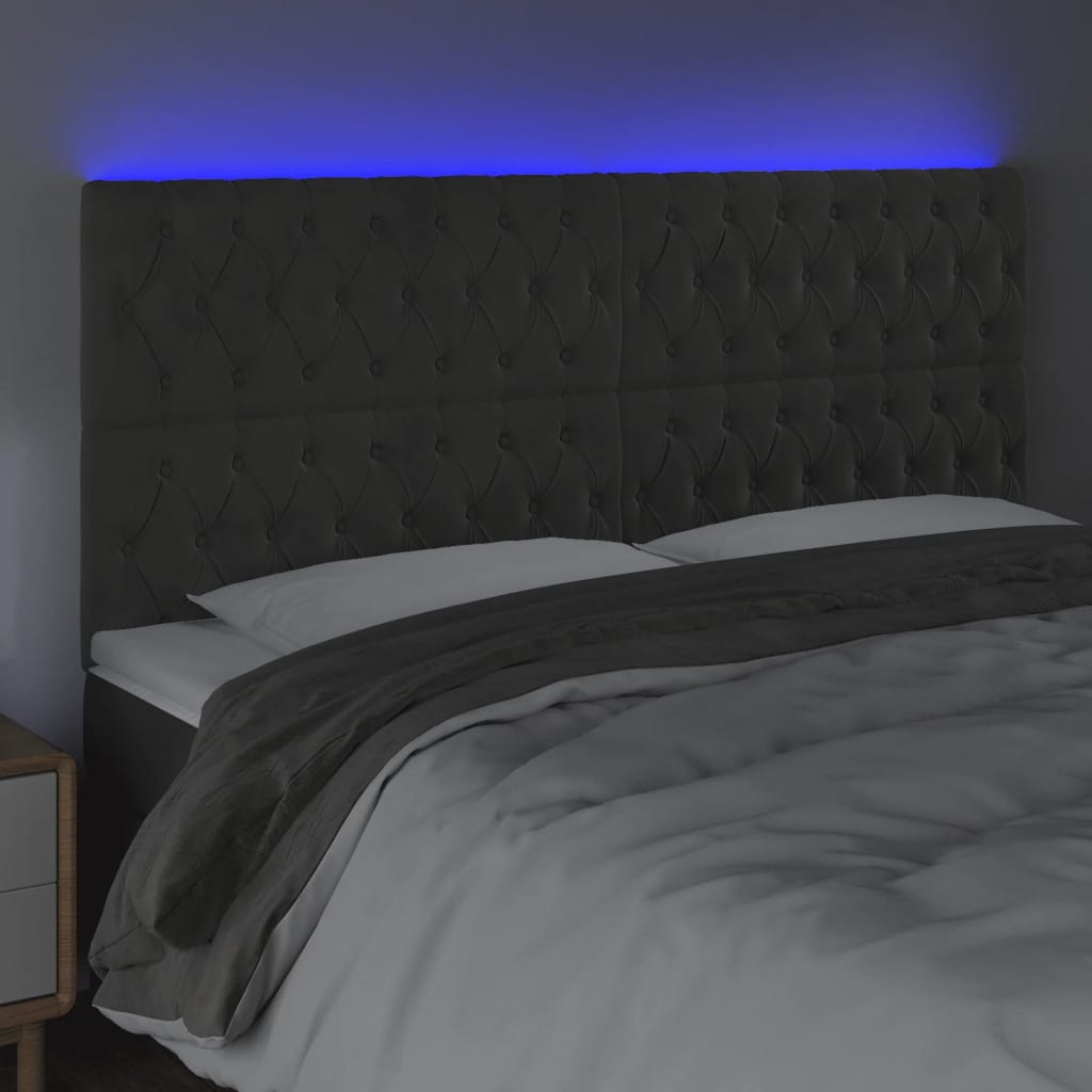 sengegavl med LED-lys 200x7x118/128 cm fløjl mørkegrå