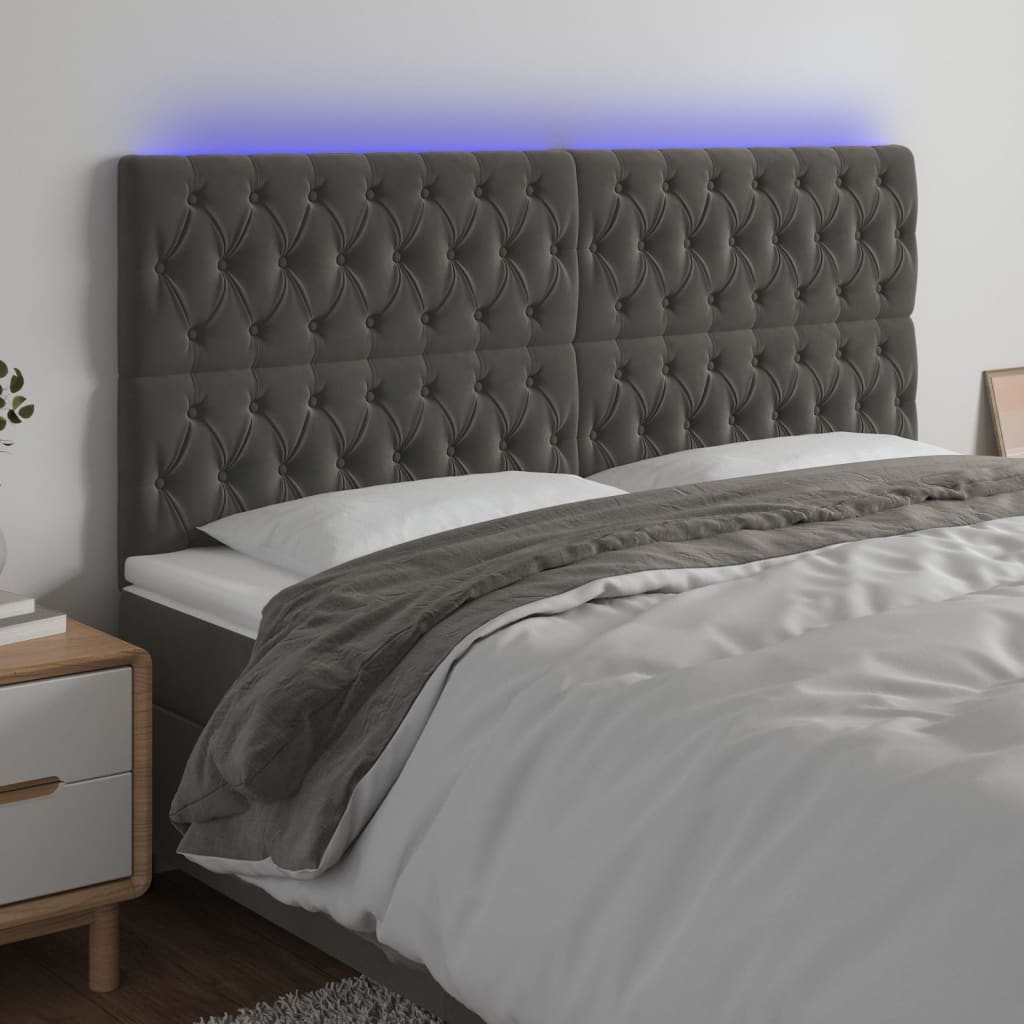sengegavl med LED-lys 200x7x118/128 cm fløjl mørkegrå