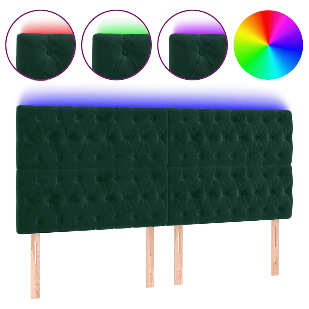 sengegavl med LED-lys 200x7x118/128 cm fløjl mørkegrøn