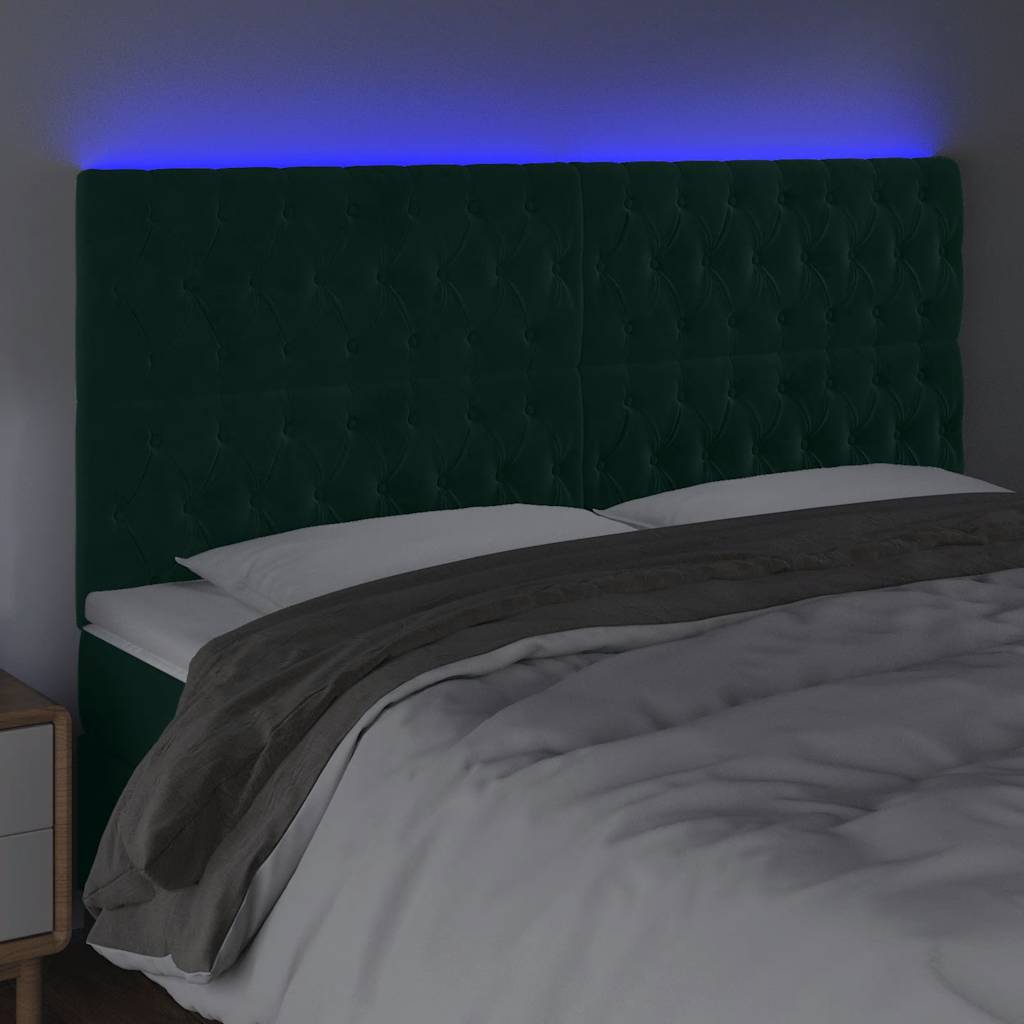 sengegavl med LED-lys 200x7x118/128 cm fløjl mørkegrøn