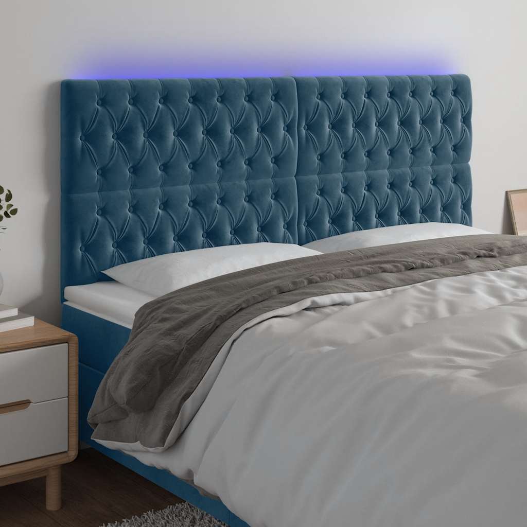 sengegavl med LED-lys 200x7x118/128 cm fløjl mørkeblå
