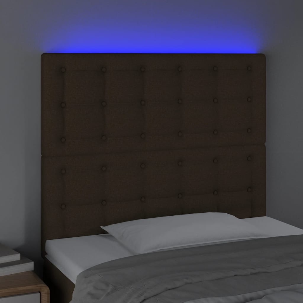 sengegavl med LED-lys 80x5x118/128 cm stof mørkebrun