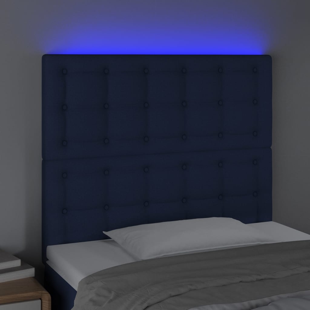 sengegavl med LED-lys 80x5x118/128 cm stof blå