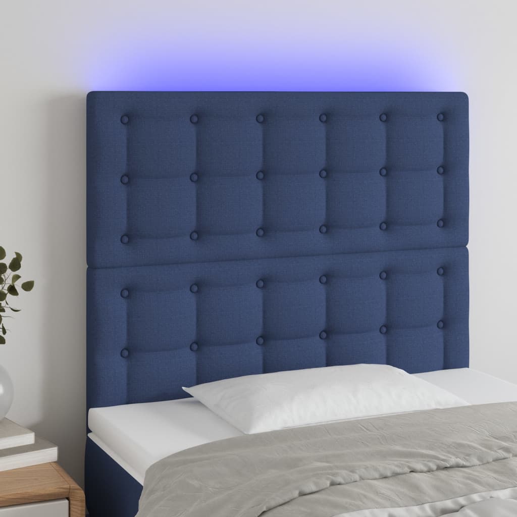 sengegavl med LED-lys 80x5x118/128 cm stof blå