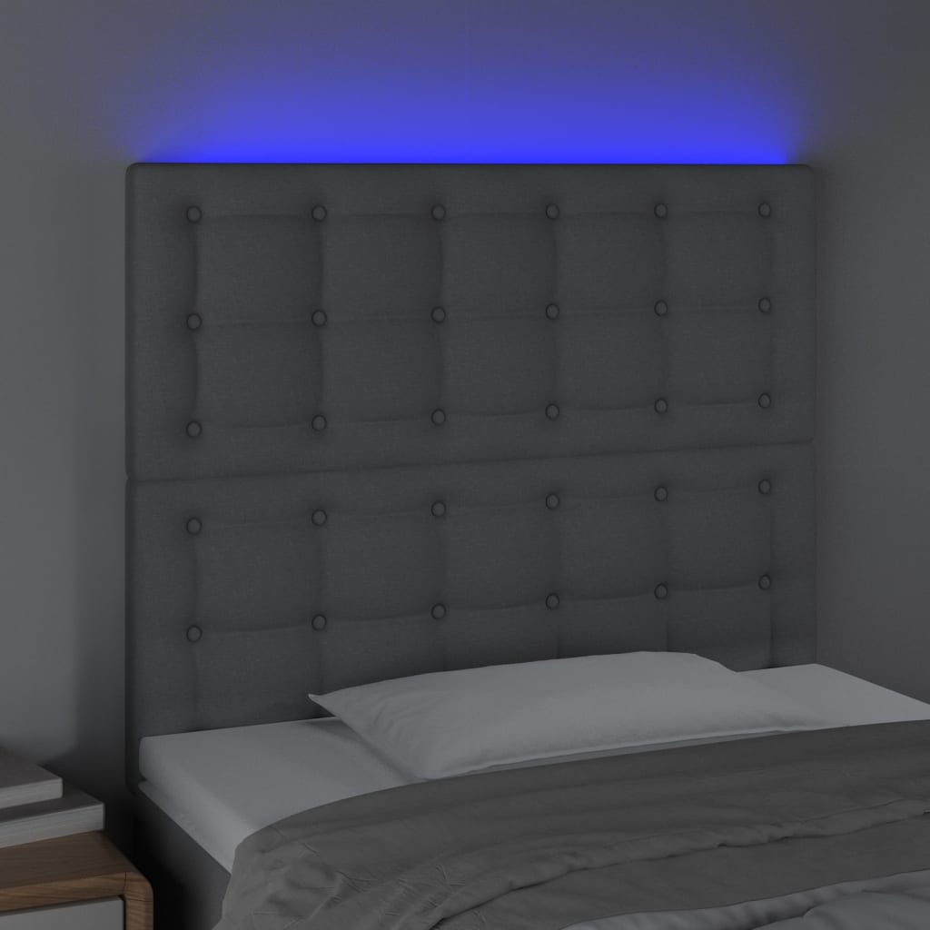 sengegavl med LED-lys 90x5x118/128 cm stof lysegrå