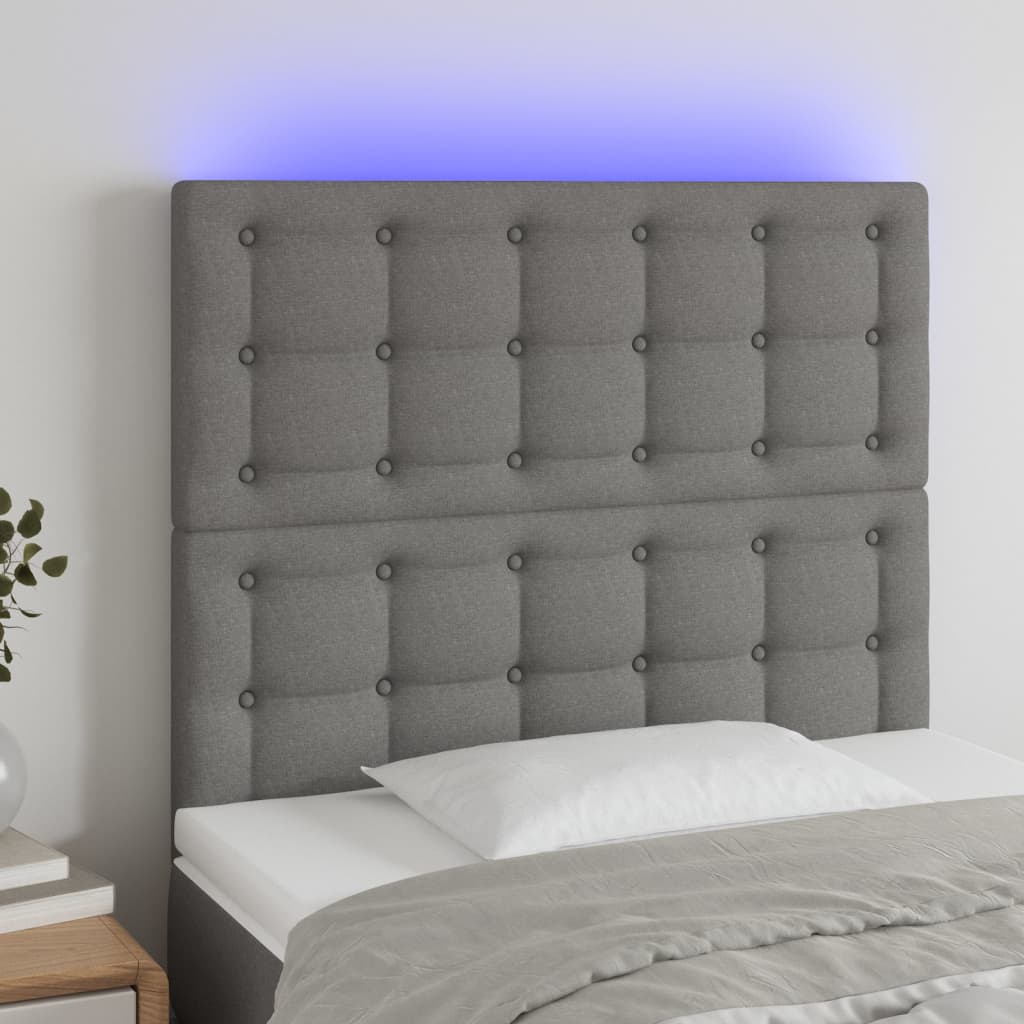 sengegavl med LED-lys 90x5x118/128 cm stof mørkegrå