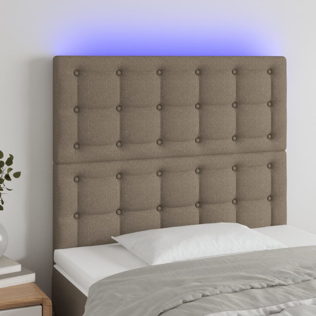 sengegavl med LED-lys 90x5x118/128 cm stof gråbrun