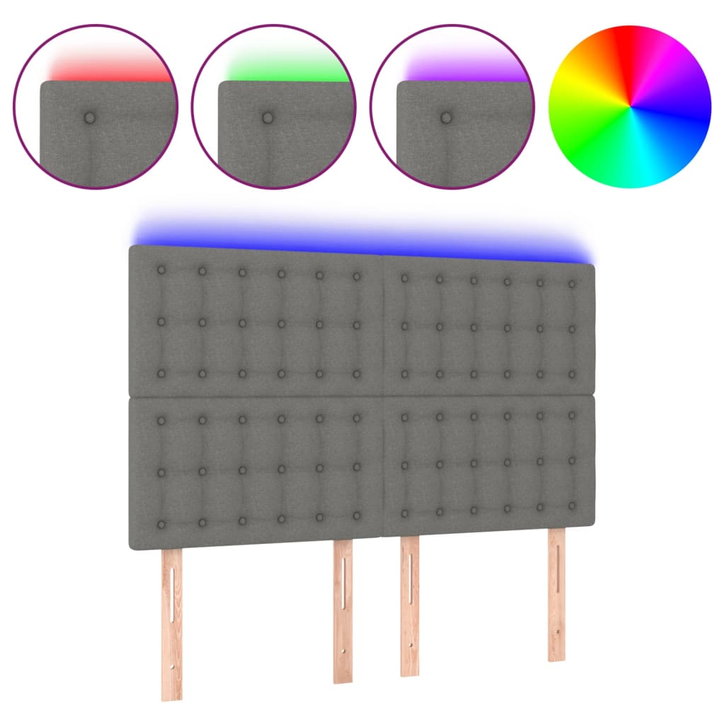 sengegavl med LED-lys 144x5x118/128 cm stof mørkegrå