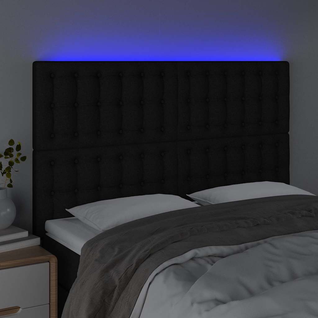 sengegavl med LED-lys 144x5x118/128 cm stof sort