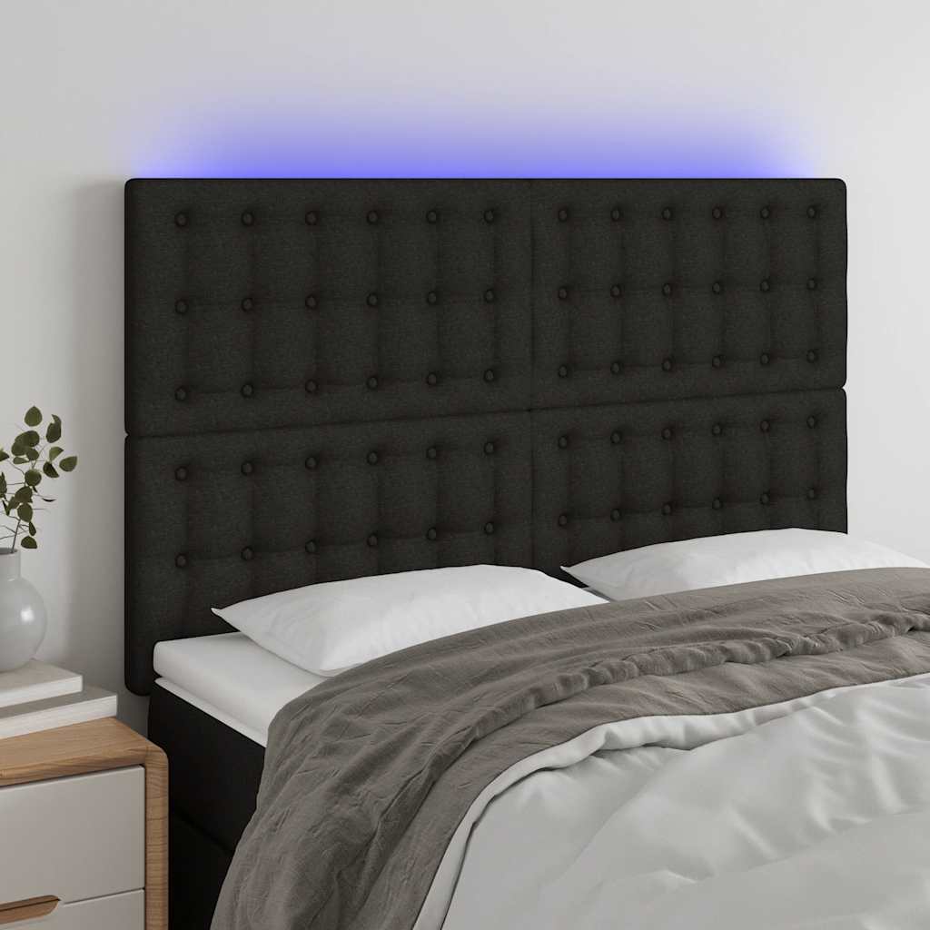sengegavl med LED-lys 144x5x118/128 cm stof sort