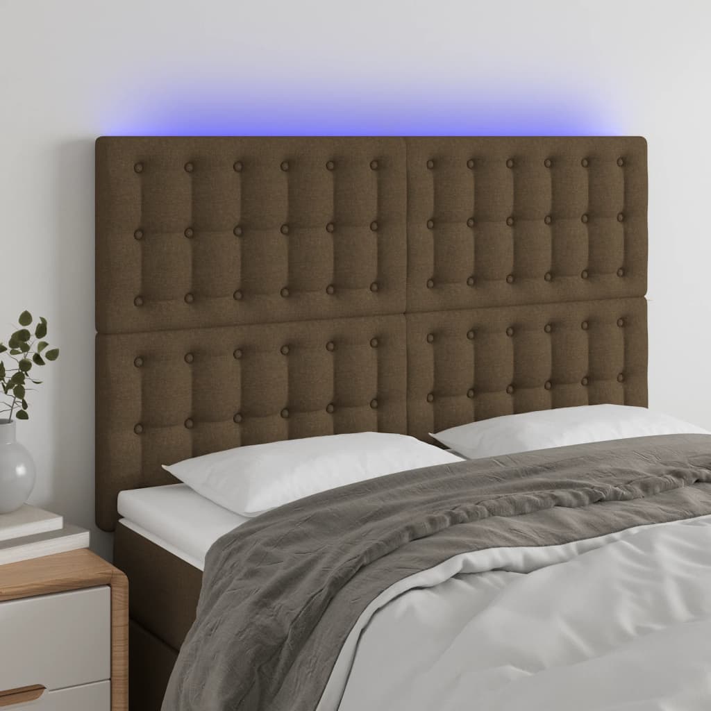 sengegavl med LED-lys 144x5x118/128 cm stof mørkebrun