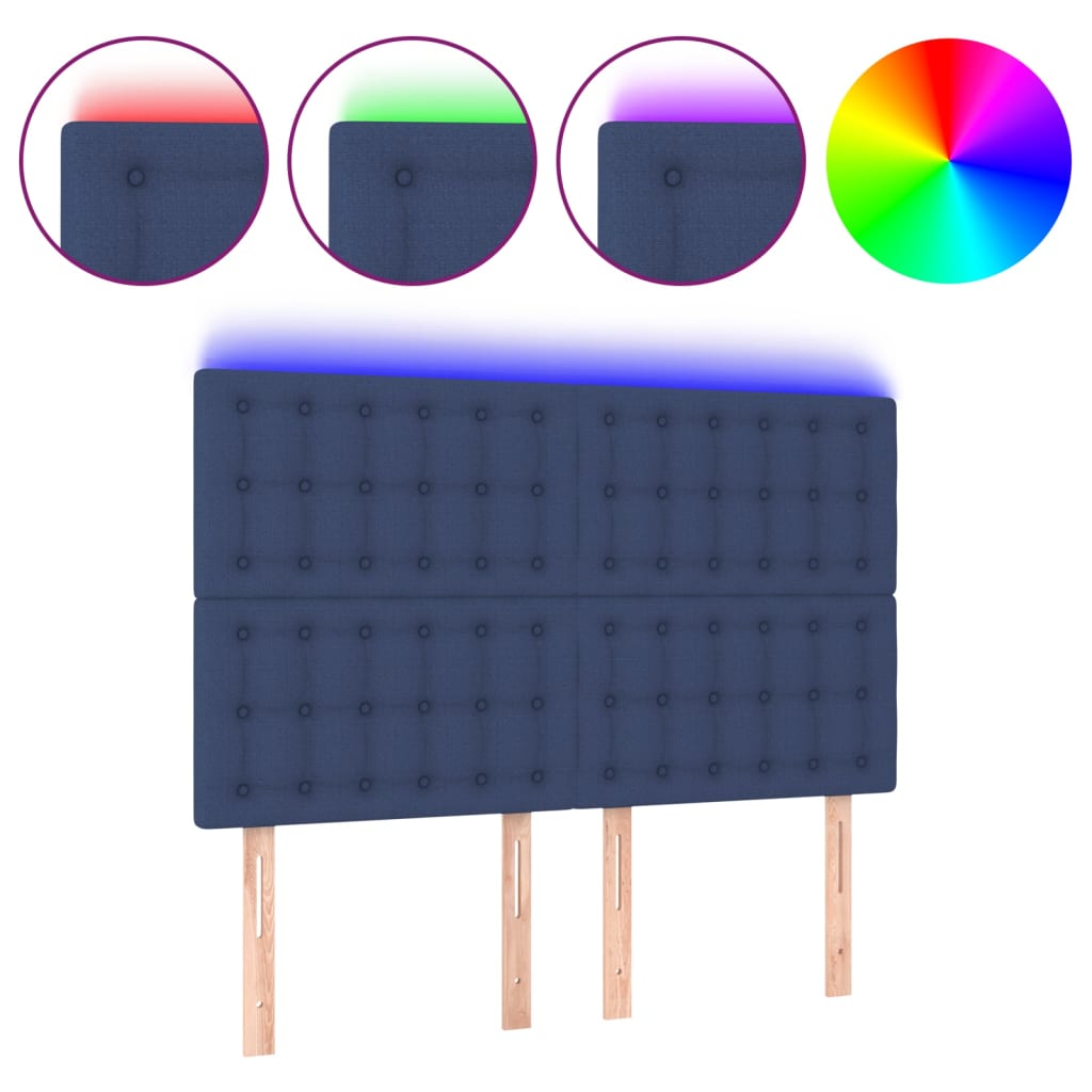sengegavl med LED-lys 144x5x118/128 cm stof blå