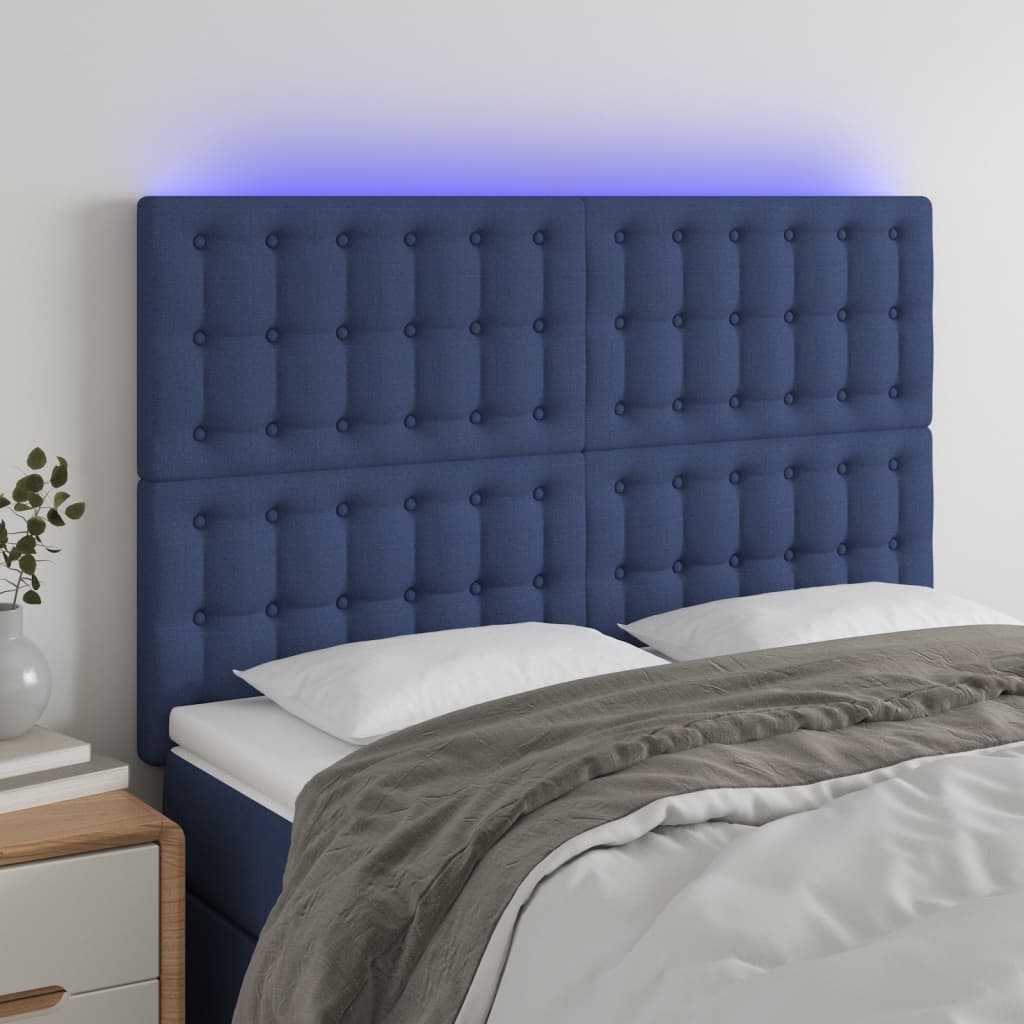 sengegavl med LED-lys 144x5x118/128 cm stof blå