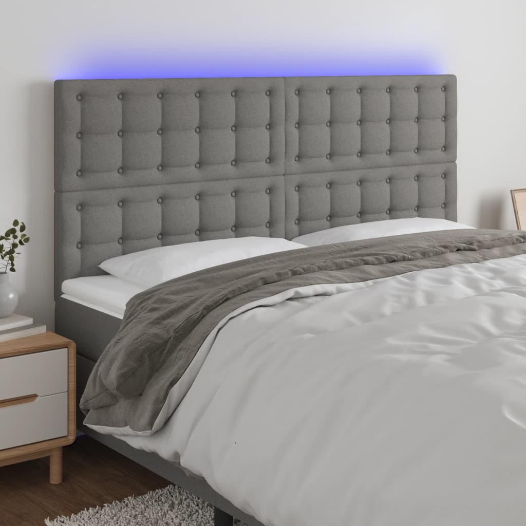 sengegavl med LED-lys 160x5x118/128 cm stof mørkegrå