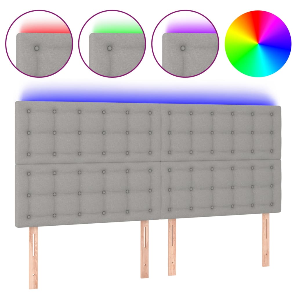 sengegavl med LED-lys 200x5x118/128 cm stof lysegrå