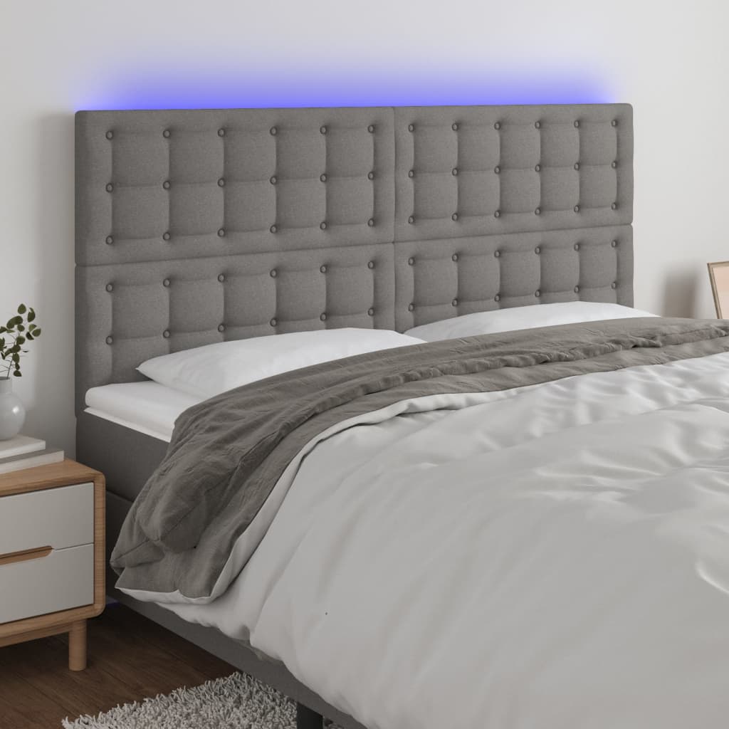 sengegavl med LED-lys 200x5x118/128 cm stof mørkegrå