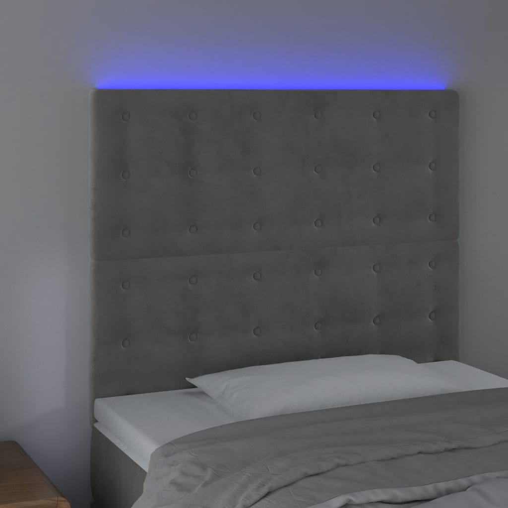 sengegavl med LED-lys 80x5x118/128 cm fløjl lysegrå