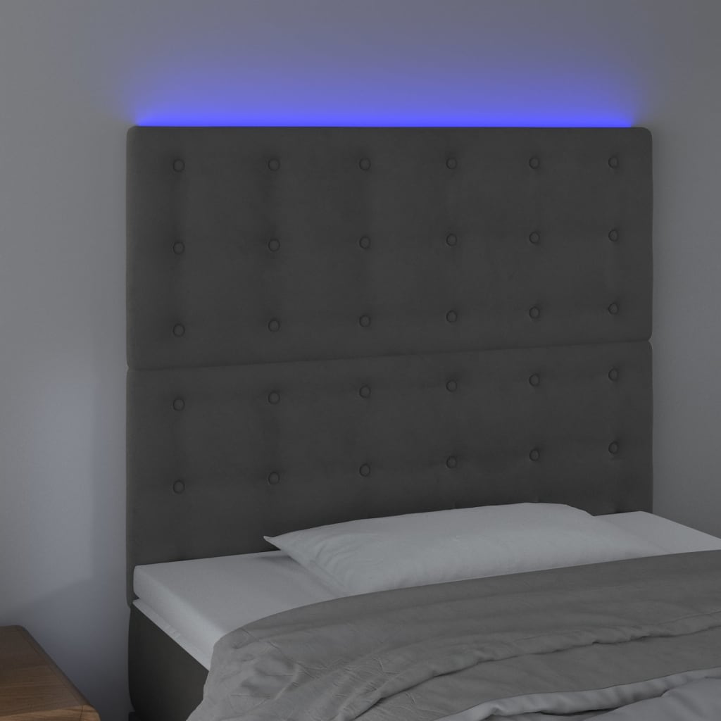 sengegavl med LED-lys 80x5x118/128 cm fløjl mørkegrå