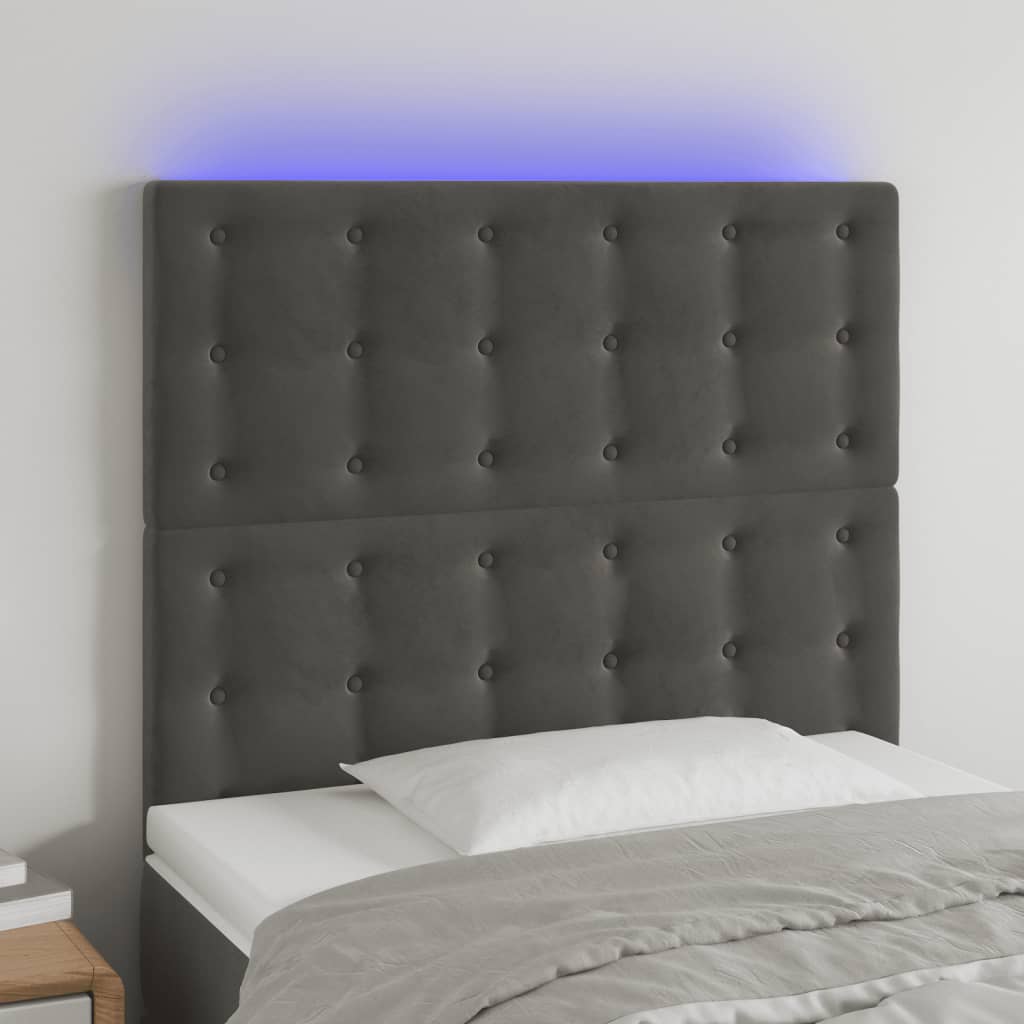 sengegavl med LED-lys 80x5x118/128 cm fløjl mørkegrå