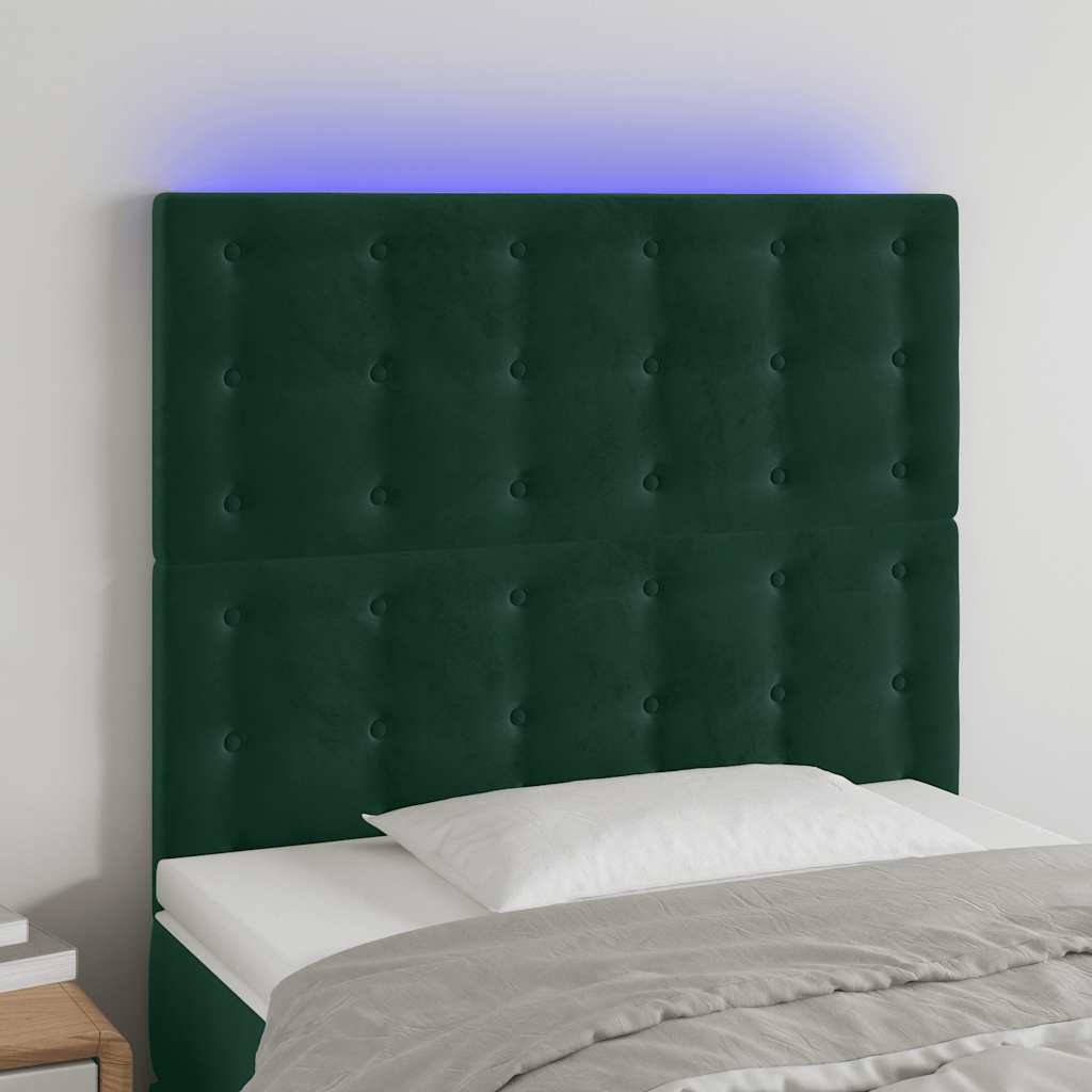 sengegavl med LED-lys 80x5x118/128 cm fløjl mørkegrøn