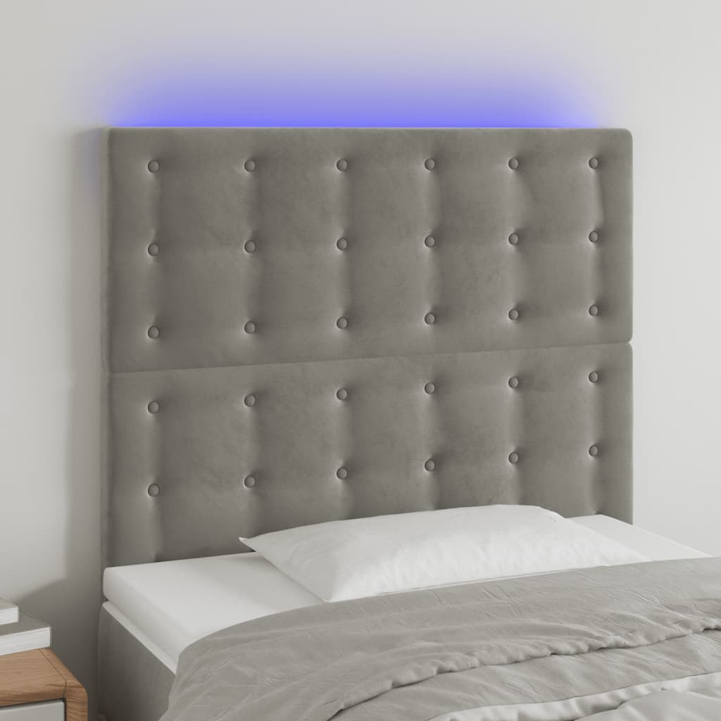 sengegavl med LED-lys 90x5x118/128 cm fløjl lysegrå