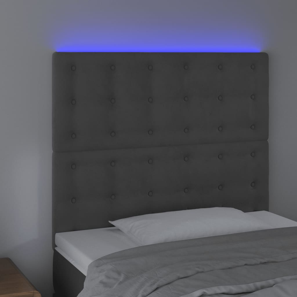 sengegavl med LED-lys 90x5x118/128 cm fløjl mørkegrå
