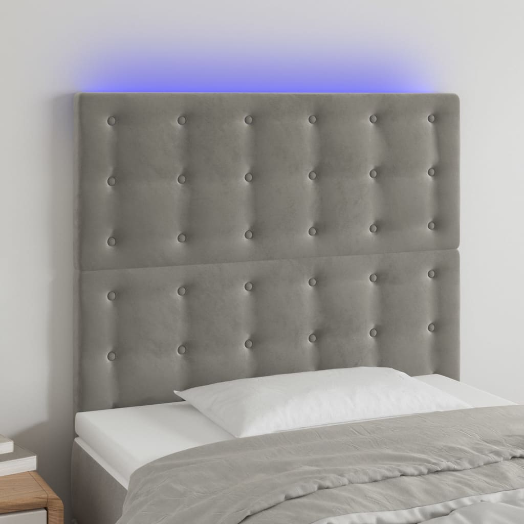 sengegavl med LED-lys 100x5x118/128 cm fløjl lysegrå