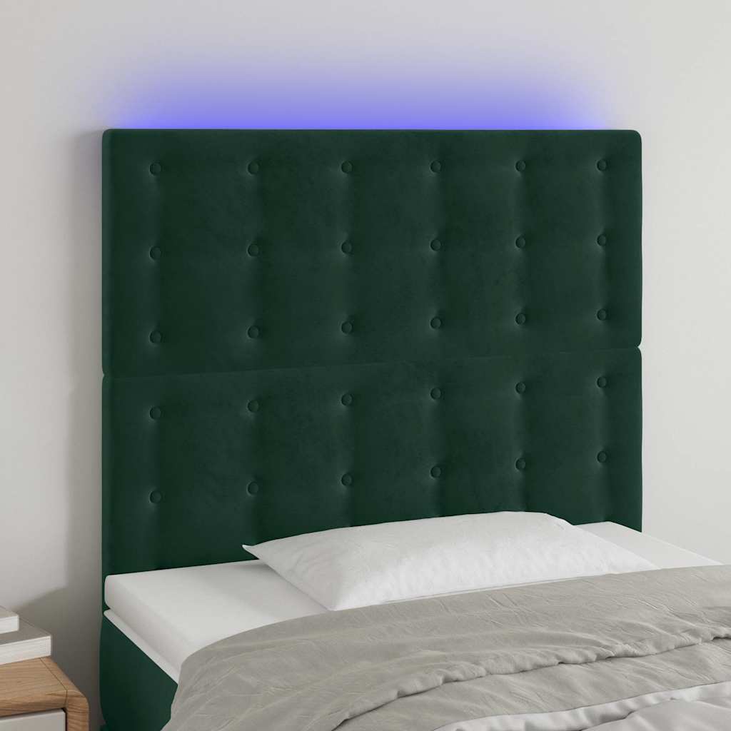 sengegavl med LED-lys 100x5x118/128 cm fløjl mørkegrøn