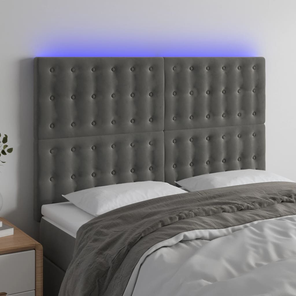 sengegavl med LED-lys 144x5x118/128 cm fløjl mørkegrå