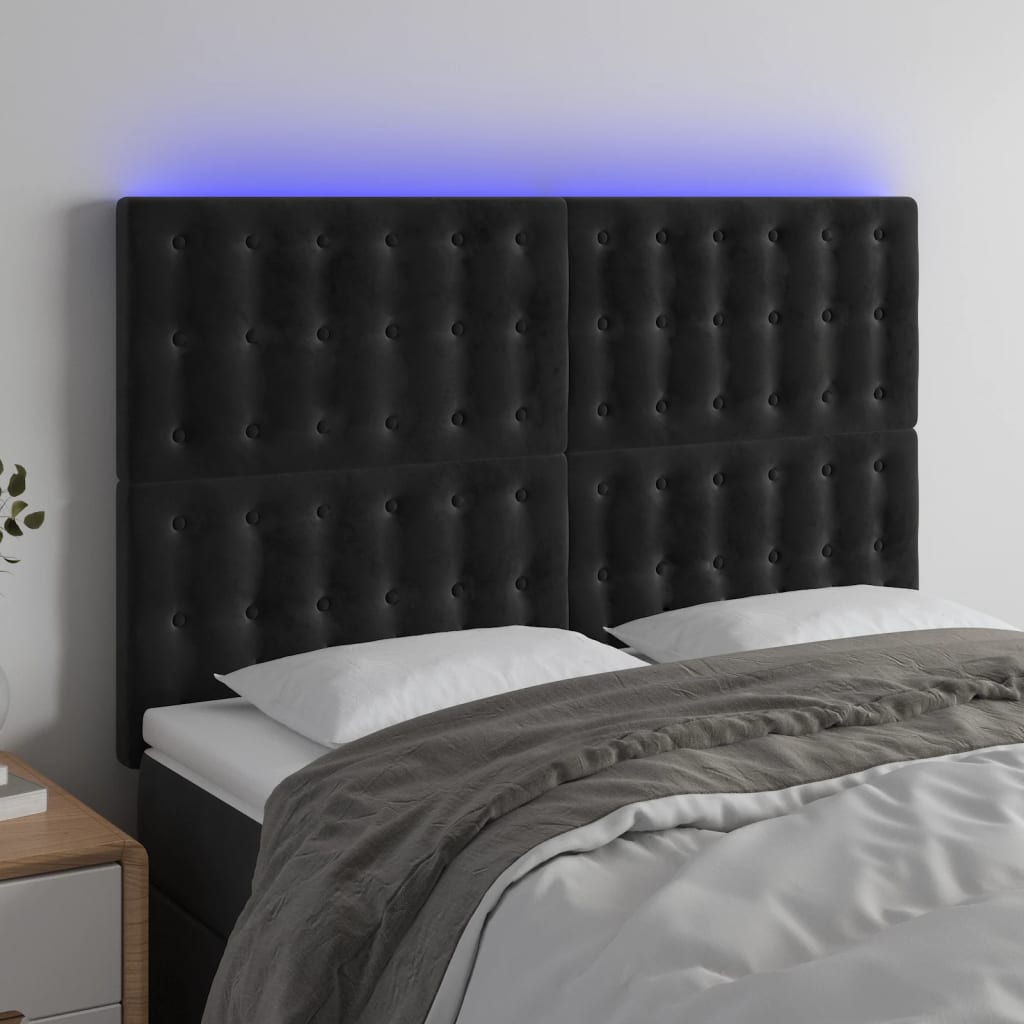 sengegavl med LED-lys 144x5x118/128 cm fløjl sort
