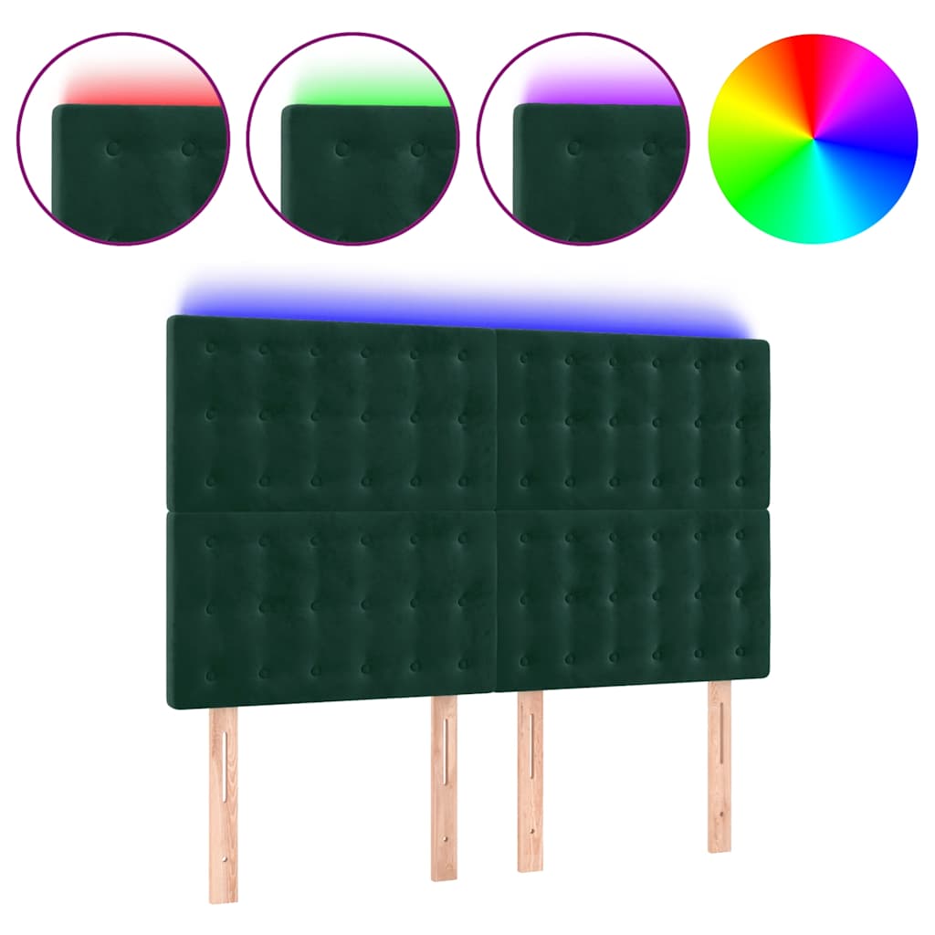 sengegavl med LED-lys 144x5x118/128 cm fløjl mørkegrøn