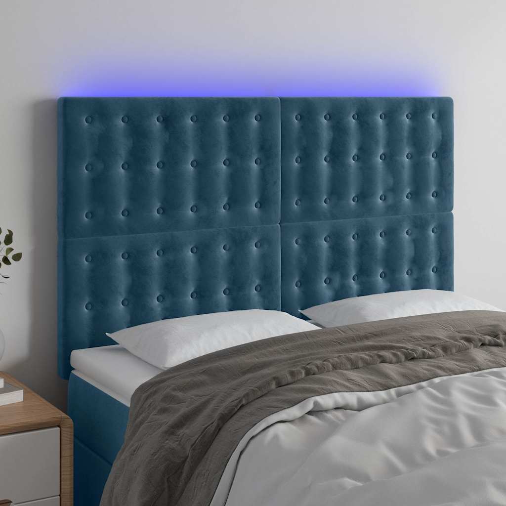 sengegavl med LED-lys 144x5x118/128 cm fløjl mørkeblå