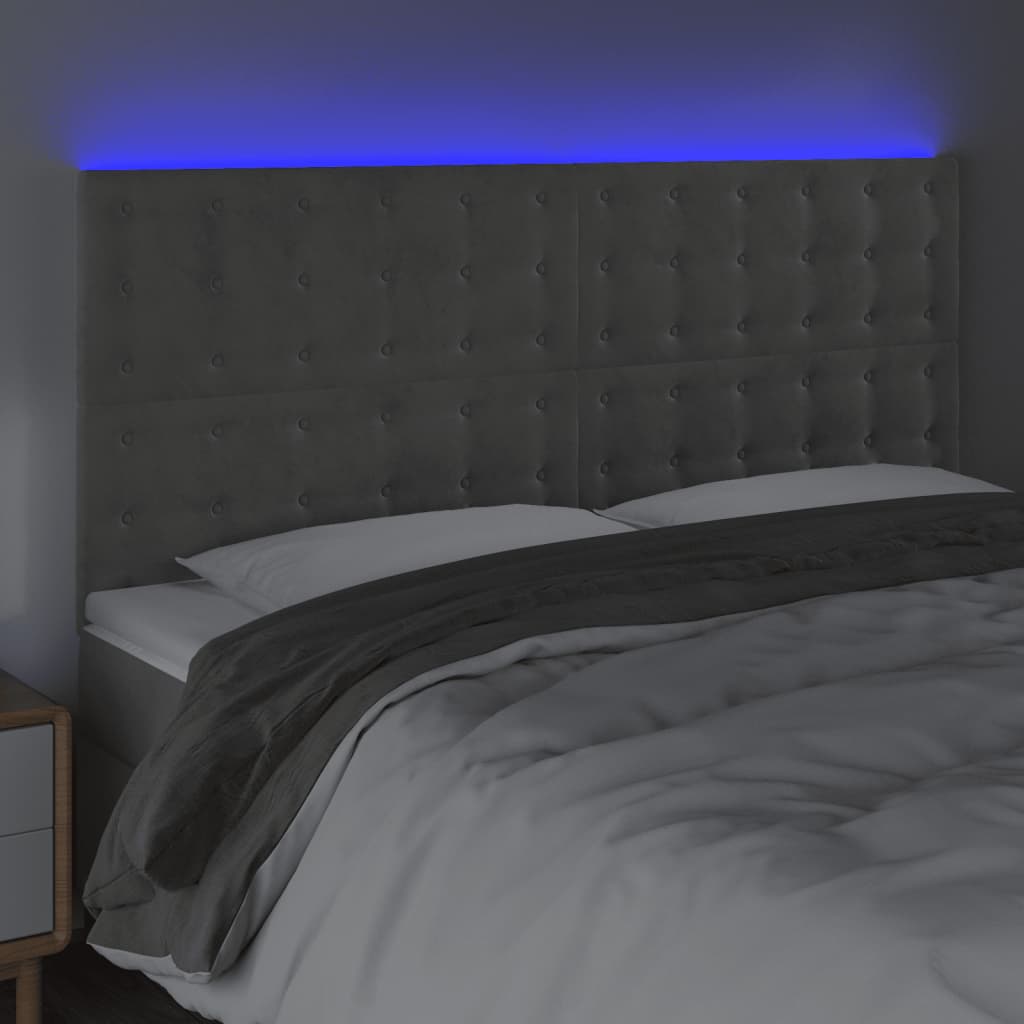 sengegavl med LED-lys 160x5x118/128 cm fløjl lysegrå